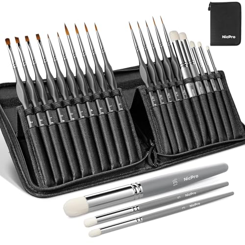 Nicpro Miniature Paint Brushes Dry Brush - 20PCS Model Paint Brush Set with Nylon Case for Acrylic, Watercolor, Detail Paint Brush Drybrush for 40k Model, Miniature Painting, Citadel, DND Miniatures