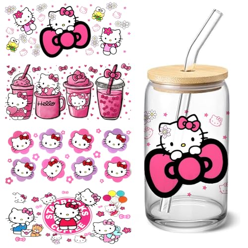 4 Sheets UV DTF Cup Wraps Transfer Stickers for Glass, Cartoon Cup Wraps Decal Stickers for Tumbler Cups (Cat)