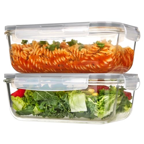 Vtopmart 2Pack 1860ml/ 63oz Large Glass Storage Containers with Lids, Meal Prep Food Container Set with Snap Airtight Lid for Baking, Microwave, Oven, Leak Proof, for Freezer, Dishwasher, Grey
