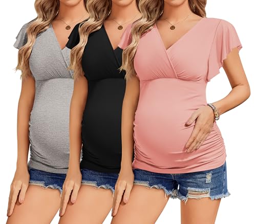 Ekouaer Women's Maternity Tops 3 Packs V Neck Breastfeeding Shirts Short Sleeve Pregnancy Blouses Light Grey/Black/Orange Pink L