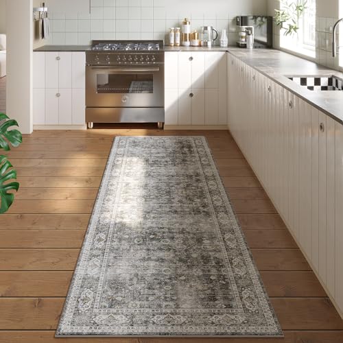 Runner Rug Hallway Runner Rug Washable Kitchen Runner Rugs with Rubber Backing 2'6''x8' 100% Polyester Vintage Rug for Entryway Indoor, Kitchen, Laundry, Bedroom (Grey and Brown)