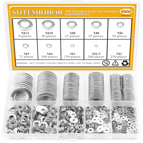 Sutemribor 1000 Pieces 9 Sizes 304 Stainless Steel Flat Washers for Screws Bolts, Assorted Stainless Steel Metal Washers (M2-M12)