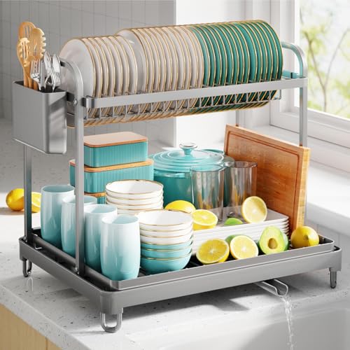 Sakugi Dish Drying Rack - Stainless Steel Dish Rack for Kitchen Counter, 2-Tier Kitchen Organizers and Storage Rack with Drainboard and Cutlery Holder, X-Large, Gray