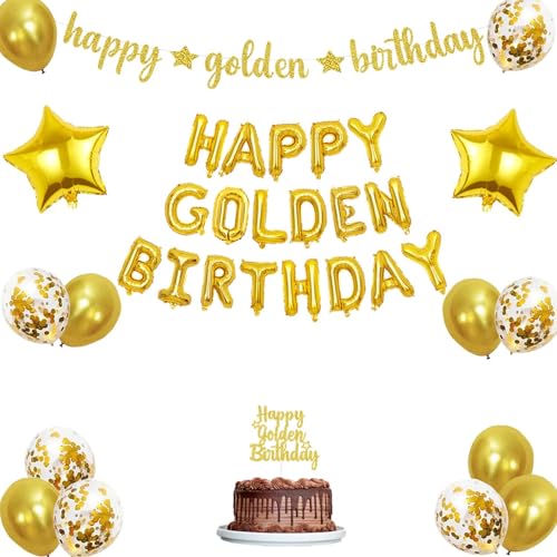 Happy Golden Birthday Balloon Banner,Golden Birthday Party Decorations With Gold Glitter Happy Golden Birthday Banner Cake Topper for 5th,21st,25th,30th,50th 60th Golden Birthday Party Supplies