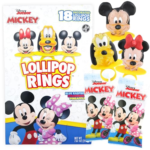 Disney Junior Lollipop Rings, Mickey Mouse, Minnie, and Pluto, Individually Wrapped for Birthday Party Favors, 18 Count
