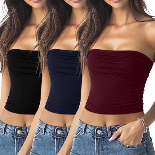 Riyiper 3 Pack Cotton Women's Tube Crop Tops Double Lined Summer Y2K Basic Strapless Sleeveless Stretchy Long Bandeau Tank(Black, Navy, Wine Red,Small)