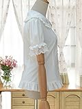 TanQiang Women's Sweet Lolita Shirt Short Puff Sleeve Flower Embroidered Peter Pan Collar White Ruffle Blouse