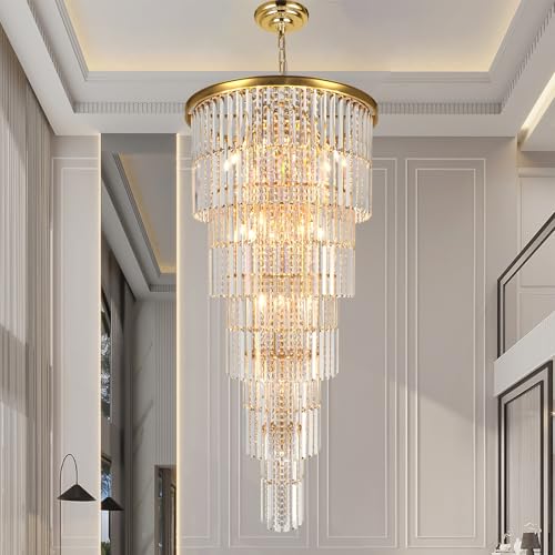 Arotikee Luxury Gold Crystal Chandelier for High Ceilings, 37-Lights Modern Long Foyer Entrance Crystal Chandelier Pendant Light Fixture for Grand Living Room Staircase(Height 62" Dia 28")