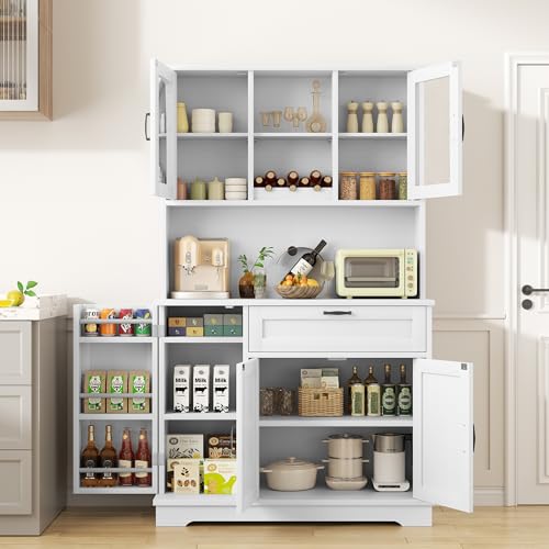 Shintenchi Kitchen Pantry Storage Cabinet, Freestanding Buffet Cabinet with Microwave Stand & 4 Door Shelves, Kitchen Hutch with Doors, Adjustable Shelves and Wine Rack, White