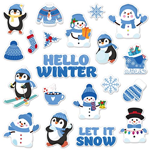 Whaline 2 Sheet Winter Thick Gel Clings Snowman Penguin Snowflake Window Gel Decals Reusable Cute Hello Winter Window Clings for Home Classroom Nursery Christmas Party Supplies Gift