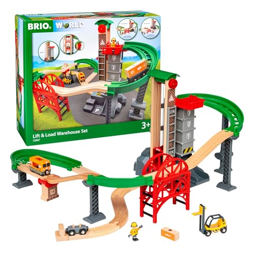 BRIO World Lift & Load Warehouse Set - 32-Piece FSC-Certified Wood Train Set - Works with All Wooden Railway Sets - Includes 4-Level Elevator, Vehicles, Tracks & Full Lift Load Station - Ages 3+