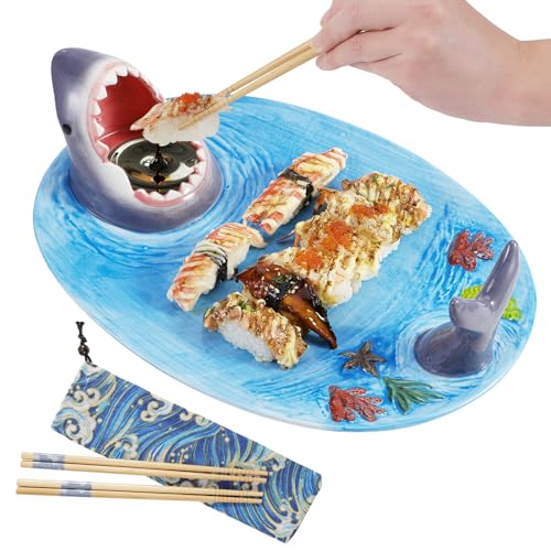 EXLIPO Shark Plates, Upgraded 3-in-1 Shark Sushi Plate with Chopsticks, Shark Sushi Plate, Shark Plate with Sauce Compartment, Food Safe Material, Microwave/Oven/Refrigerator/Dishwasher Safe