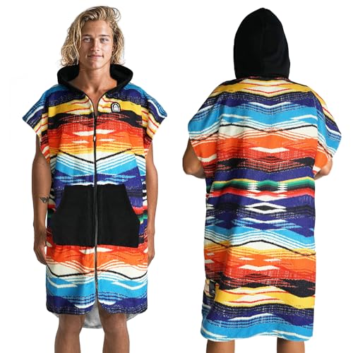 Pilotfish Surf Poncho Changing Robe Towel - Hooded, Zippered Towel Poncho for Beach, Surfing, Swimming | 2 Front Pockets, Machine Washable, (Serape, Large)