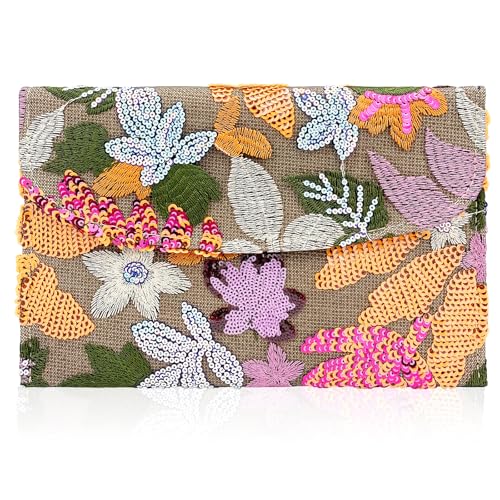 Embroidered Sequin Wedding Clutch Purse for Women - Beaded Floral Envelope Evening Bag |Slim Party Handbag| Wedding, Prom (Orange)