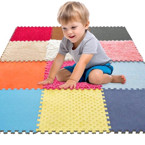 MOTGOM 12 Set Sensory Floor Tiles - Textured Sensory Mats, Interlocking Sensory Rug Sensory Toys for Autistic Children Kids Baby Toddler Multi Sensory Exploration, Tactile Play, Fidgeting Activity