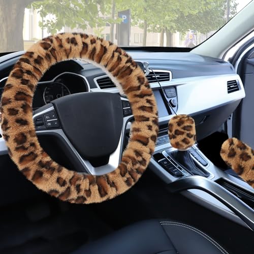 Accmor Fuzzy Car Steering Wheel Cover, Universal Fit Fur Auto Wheel Cover & Handbrake Cover & Gear Shift Cover Set, Anti-Slip Leopard Warm Fluffy Vehicle Wheel Protector Car Accessories for Men Women
