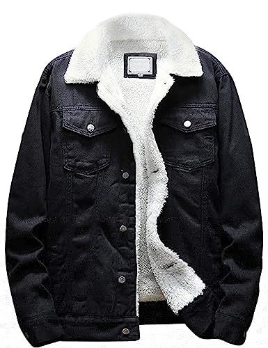 Omoone Men's Lapel Sherpa Fleece Lined Thicken Denim Jean Trucker Jacket Coats (0176-Classic Black-L)