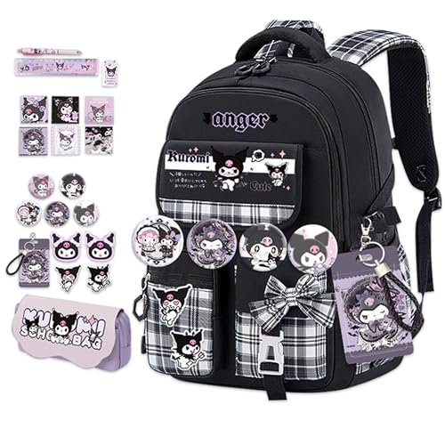 Roffatide Anime Kuromi Kawaii School Backpack for Girls Boys with 21Pcs Accessories Cartoon Students Aesthetic New Semester Gifts Laptop Backpack with Cute Pins, Anti-Theft, ID Badge Holder Black B