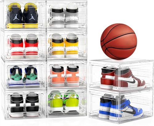 Mitees 10 Pack XX Large Thicken Sturdy Hard Plastic Clear Stackable Shoe Storage Boxes for Size 12, Sneaker Shoe Rack Containers Holders Bins Display Case Organizer for Closet, White