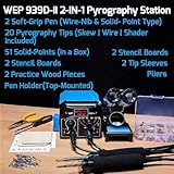 WEP 939D-II 2-IN-1 Wood Burning Kit 86-IN-1 with 51 Solid Points and 20 Wire Nibs Wood Burner with 2 Letter Number Stencils, 2 Unfinished Wood, 1 Pen Holder, Burning Tool