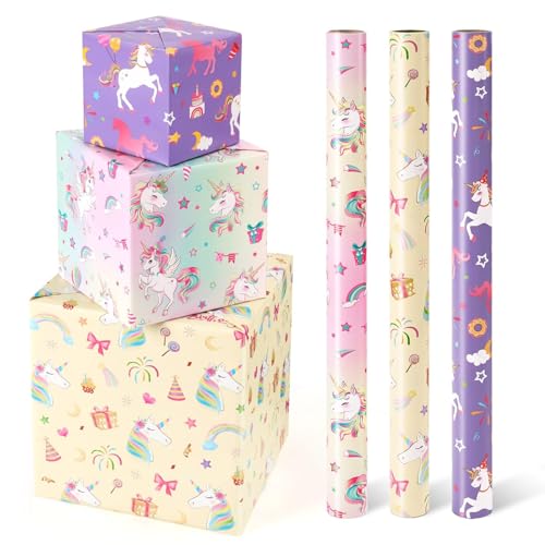 WERNNSAI Unicorn Wrapping Paper Rolls - 3 Rolls 17” x 120” Unicorn Birthday Wrapping Paper Rolls Pink Unicorn Rainbow Gift Wrap Paper Girls Purple Wrapping Paper Rolls Kids Bday Gift Wrap with Cutting Line