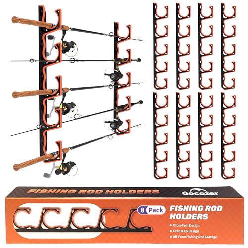 Fishing Rod Holder for Garage, H5 Wall or Ceiling Mounted Fishing Pole Holders with Soft Protective Pad, Fishing Rod Storage Organizer, Horizontal Fishing Rod Wall Mount Nets Storage (8 PACK)