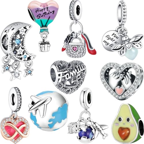 Winraro 10 Pack Silver Bead Charms Compatible with Charms Bracelet Necklace, 925 Sterling Silver Charms for Bracelets for Women, the Beads with Cubic Zirconias Are the Perfect Jewelry Gift for Women, Ideal for Christmas, Birthdays, Mother's Day, and Valentine's Day.