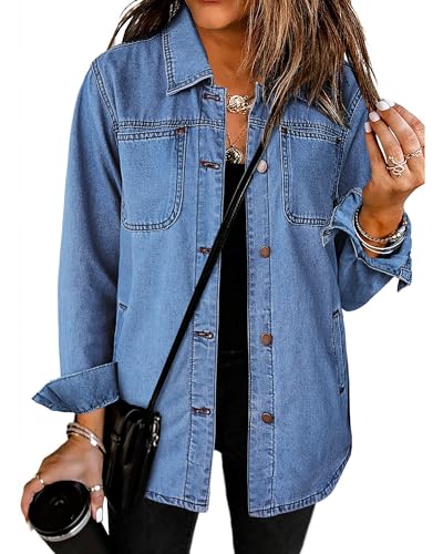 luvamia Women's Fashion Casual Button Down Denim Jacket For Women Jean Jacket For Women Trendy Women's Jean Jacket Western Jackets For Women Summer Jacket Medium Blue Size X-Large Fits Size 16 Size 18