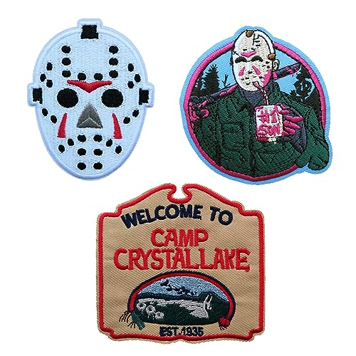 KLORIZ 3 PCS Killer Jason Mask Embroidered Iron On Patches Camp Crystall Lake Horror Movie TV Halloween Applique