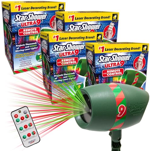 Star Shower Ultra 9 Outdoor Laser Light Show with Remote, 4 Pack, AS-SEEN-ON-TV, New 9 Unique Patterns, Showers Home w/Thousands of Lights, 3 Color Combinations, Motion or Still, Up to 3200 Sq Ft