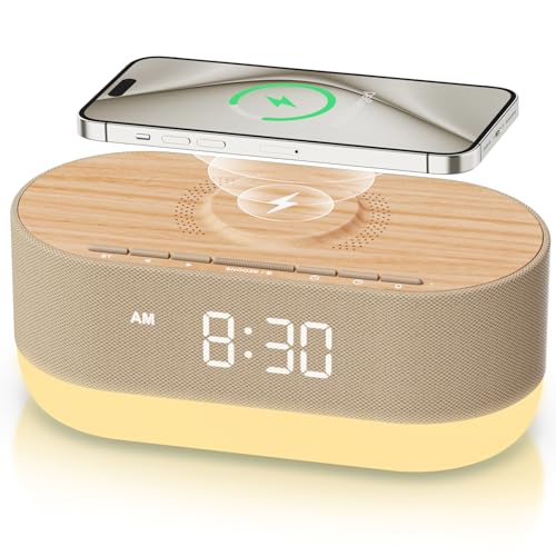 HOUSBAY 3-in-1 Alarm Clock Radio & Wireless Charger & Bluetooth Dual Speaker, 10W Charging Station for iPhone/Samsung, Dimmable Bedside Night Light, Soft Alarm, Digital Clock for Bedroom - Wood Tone