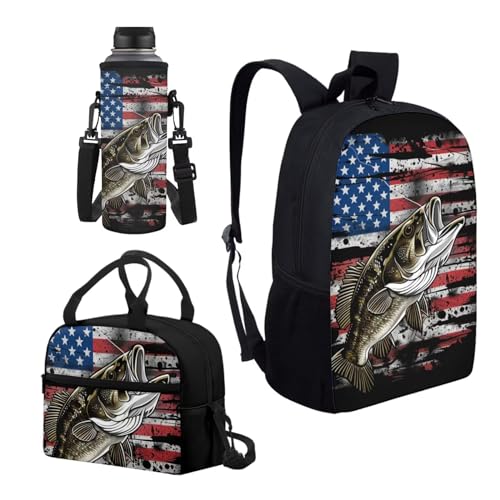 Glomenade Kids School Bag Bass Fish American Flag Print 3 Pack Backpack for Boys with Lunch Box Cooler Water Bottle Sleeve Cover Back to School Supplies