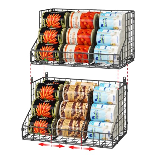 JKsmart 2 Pack Stackable Can Rack Organizer for Pantry Storage,Can Dispensers with 4 Adjustable Dividers, 2-Tier Metal Wire Basket Beverage Pop Soda Rack for Kitchen Cabinet Pantry, Black