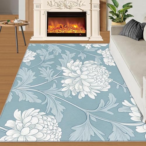 Floral Rugs for Living Room, Large Rugs 8x10, European Countryside Rug & Home Decor, Dahlias Area Rug Retro Flowers Non Slip Indoor Carpet & Gifts