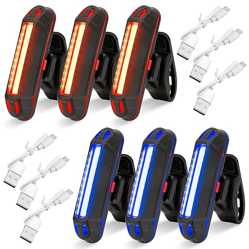 6 Pack Bike Rear Tail Light,USB Rechargeable LED Bike Tail Light, High Lumens Super Bright Bicycle Light Red/Blue,500mah Bike Safety Light Waterproof Cycling Taillight 5Light Mode Options,Night Riding