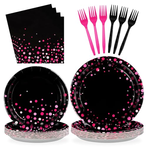 96Pcs Hot Pink and Black Party Supplies 350GSM Hot Pink Dots on Black Party Plates and Napkins Black and Pink Birthday Tableware Sets for Bachelorette Birthday Wedding Party Decorations,Serves 24