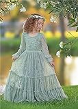 LalaMira Flower Girl Dress Lace Boho Toddler Dresses Ruffle Girl Dress for Wedding Garden Party Holiday Communion Long Sleeve Sage Green-5 Years