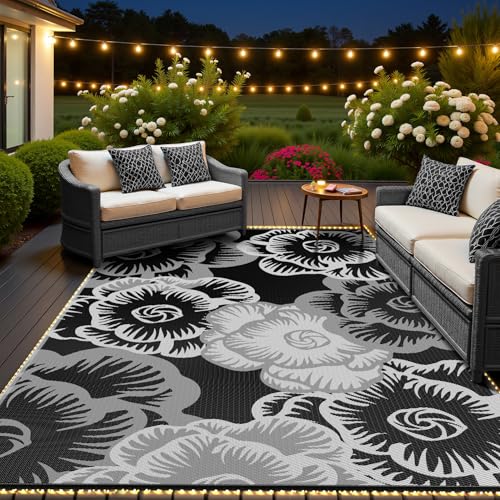 MontVoo Outdoor Rug with Led String Strip Lights 8x10ft Waterproof Outdoor Patio Rug Mat Reversible Plastic Straw Rug Outside Outdoor Rug for RV Camping Picnic Balcony Backyard Fairy Outdoor Decor