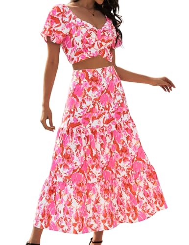 DRESSTELLS Women's 2 Piece Outfits, Floral Skirts Set Suits, Top & Maxi Skirt, Casual Boho Summer Beach Dress 2025 Red Floral S