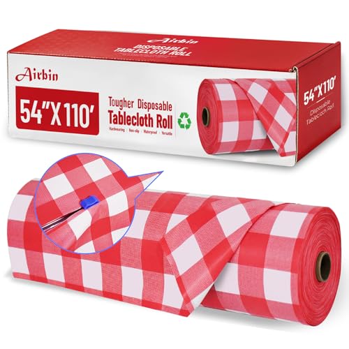 Plastic Table Cloth, 110 Ft X 54 in Disposable Tablecloth Red and White Checkered Tablecloth with Any Cut Sliding Cutters Premium PEVA Plastic Table Cloth Disposable for Picnic, Parties, Festivals