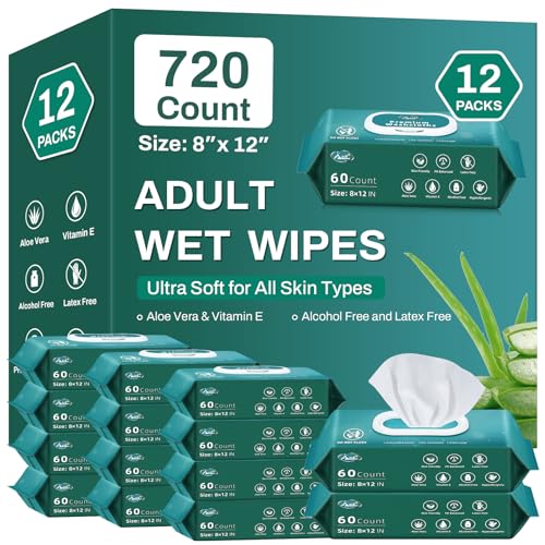 720 Count (12 Packs of 60) Wipes for Adults, 8" x 12" Extra Large Wipes for Incontinence & Cleansing, Body Wipes Bath Wipes - Disposable Shower Wipes for Elderly Bathing No-Rinse - Vitamin E & Aloe