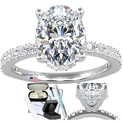 3ct Oval Moissanite Engagement Ring – 4 Prong, Hidden Halo, Semi Eternity Pave Setting, 18K White Gold-Filled Vermeil, Lab Grown GRA Certified & Engraved D Color VVS1 Clarity, Ready to Gift