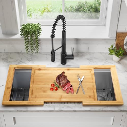 DAOYOUSKY Bamboo Expandable Over The Sink Cutting Board with Juice Groove for kitchen, Wooden Kitchen Sink Cover Chooping Board for Counter Space