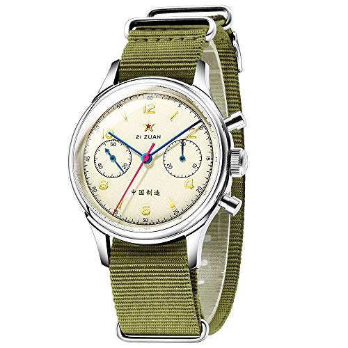 SEAKOSS Men Classic 38mm Pilot Chronograph Watch Seagull 1963 ST1901 Mechanical Movement Wristwatches Sapphire Crystal Acrylic Glass Mirror Stainless Steel Case (38mm Sapphire + with Gooseneck)