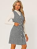 Allegra K Women's Pinafore Dress V Neck Button Down Pockets Vintage Sleeveless Plaid Tweed Dress Small Black