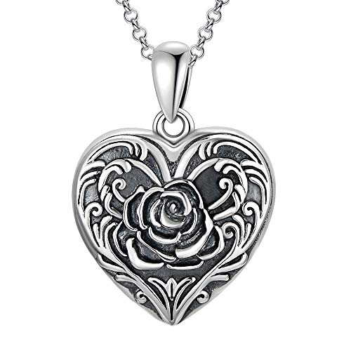SOULMEET Rose Flower Heart Shaped Locket Necklace That Hold 2 Pictures Memory Photos Keep Someone Near to You Sterling Silver Jewelry (Locket only)