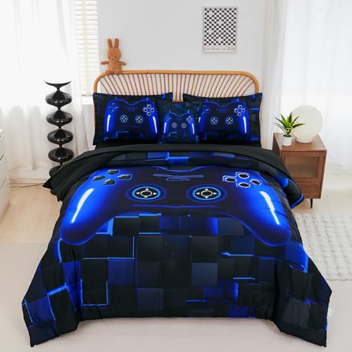 PERFEMET Twin Size Bed in A Bag 6 Pieces Gaming Bedding Set for Boys Blue Gamer Comforter with Sheet Set for Kids Teen Cool Video Game Black Quilt Bedding Set(Blue, Twin)