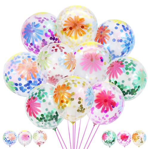 50 Pieces Flower Print Confetti Balloons 12 Inch Colorful Clear Floral Latex Balloon with Balloon Holder Sticks Spring Summer Tropical Picnic Wedding Birthday Graduation Bridal Shower Party Supplies