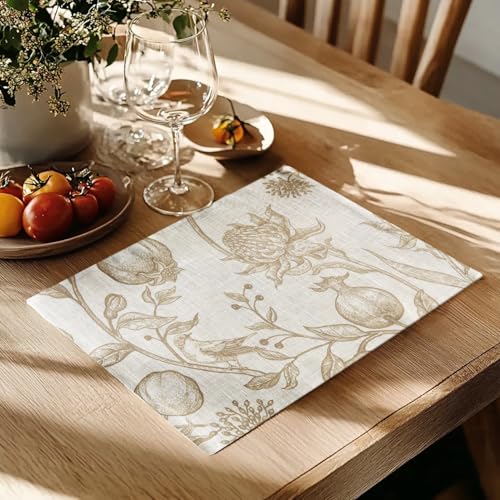 JINCHAN Floral Placemats Set of 4 Linen Place Mats Farmhouse Cloth Table Mats Holiday Seasonal Rustic for Kitchen Dining Home Decor Tablemats Non-Slip Washable 13x19 Inch Tan