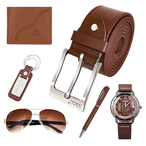 6pcs Men's Gift Set with Box Brown Leather Belt Wallet Watch Glasses Keychain Ballpoint Pen Gifts for Men, Valentines Day Gifts for Him